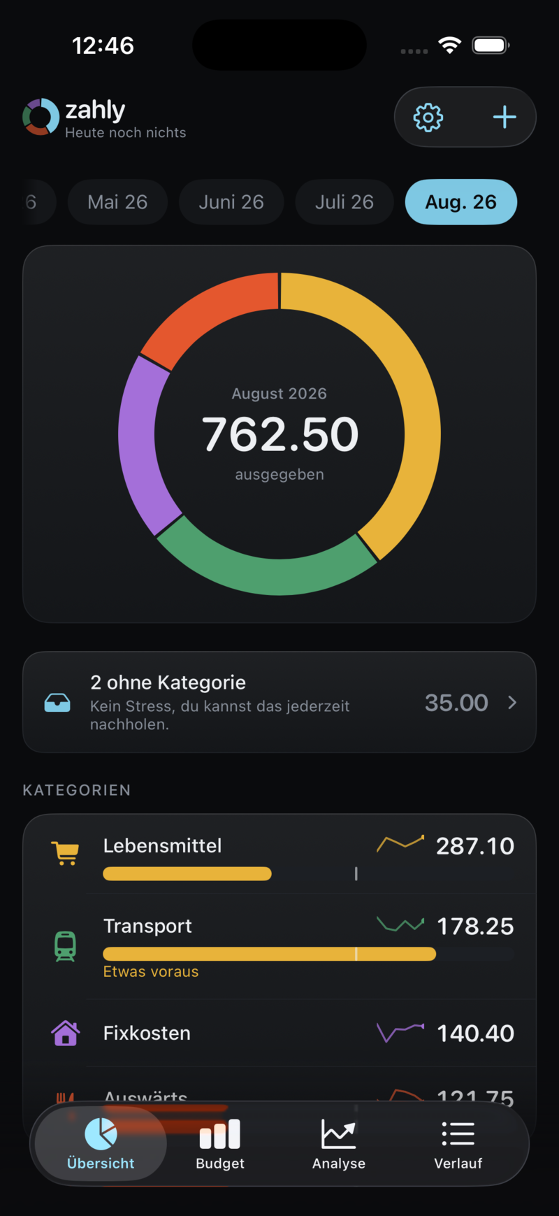Die Übersicht mit dem Ring, in der Mitte die Monatssumme, darunter die Kategorien mit ihren Budgetbalken.