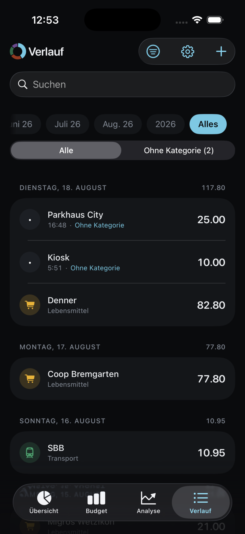 Der Verlauf, nach Tagen gruppiert, mit der Tagessumme rechts neben dem Datum.
