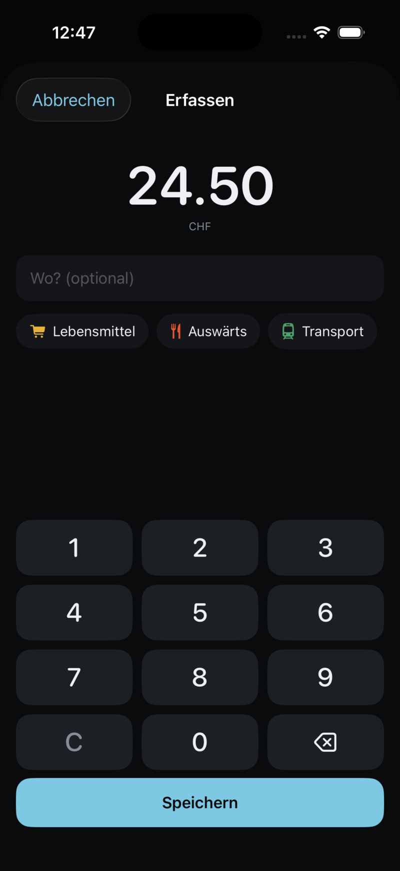 Der Ziffernblock mit dem Betrag 24.50, dem Feld für den Ort und drei Kategorien zum Antippen.