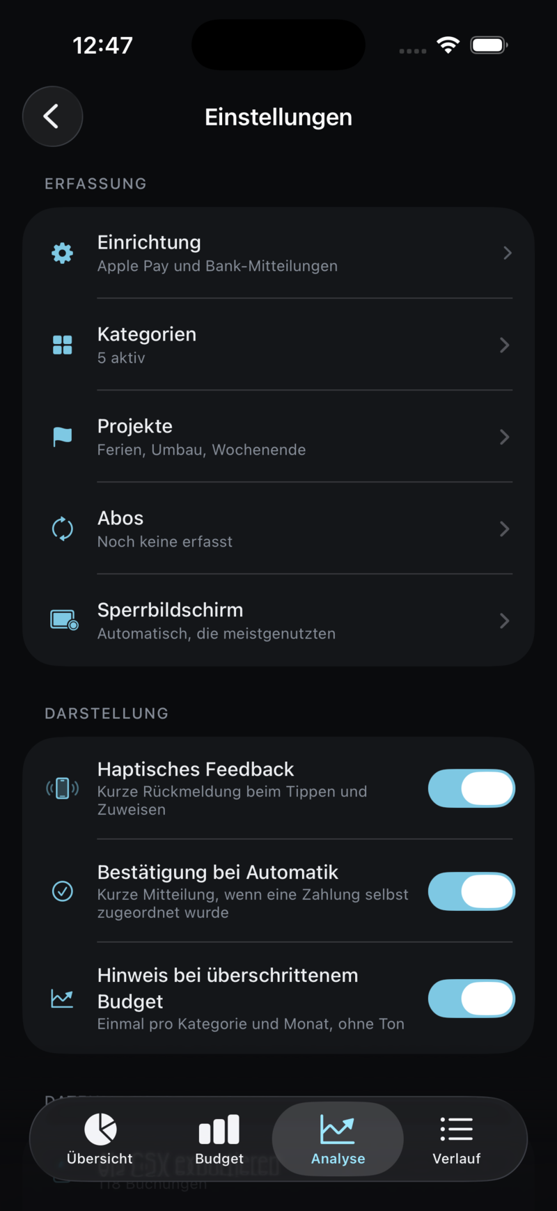 Die Einstellungen mit den Bereichen Erfassung, Darstellung und Daten.