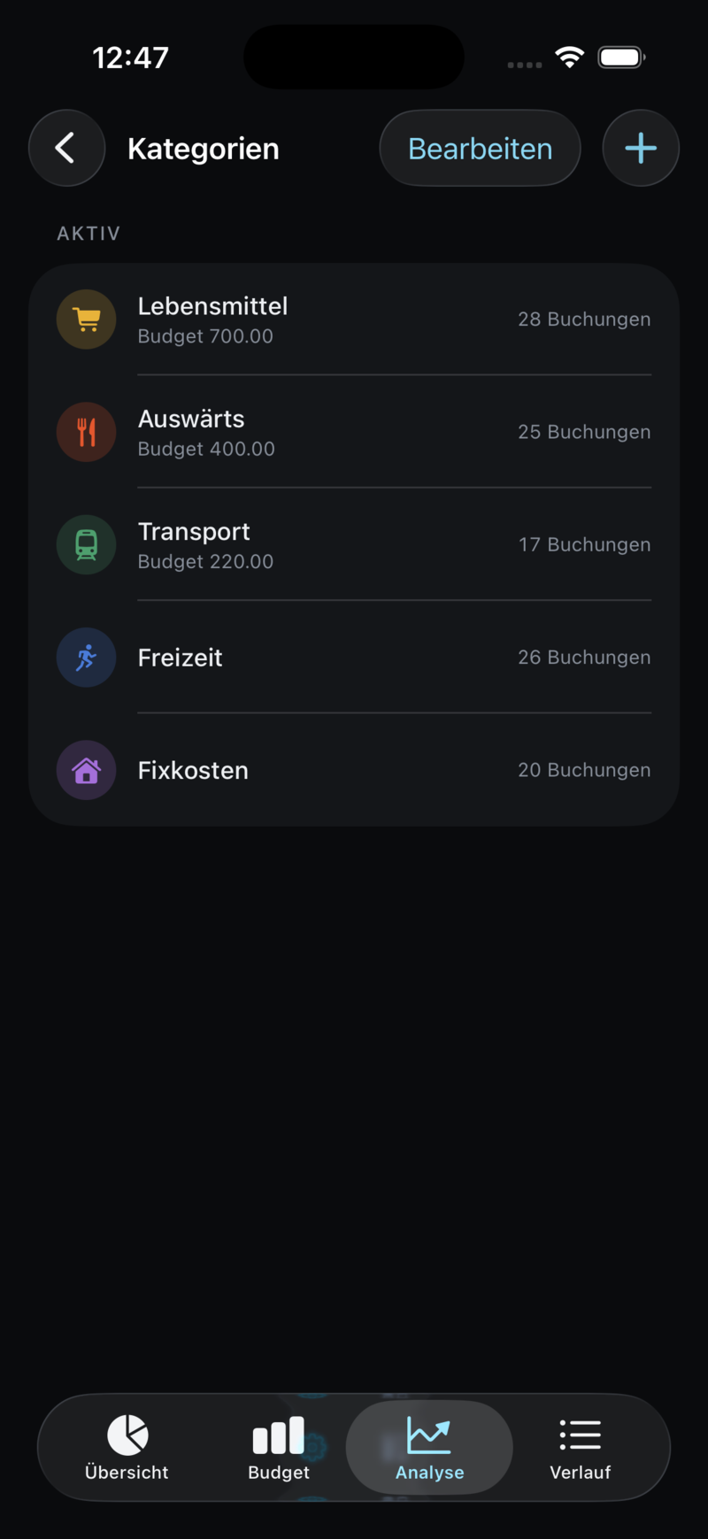Die Kategorienliste mit Budget und Anzahl Buchungen pro Kategorie.