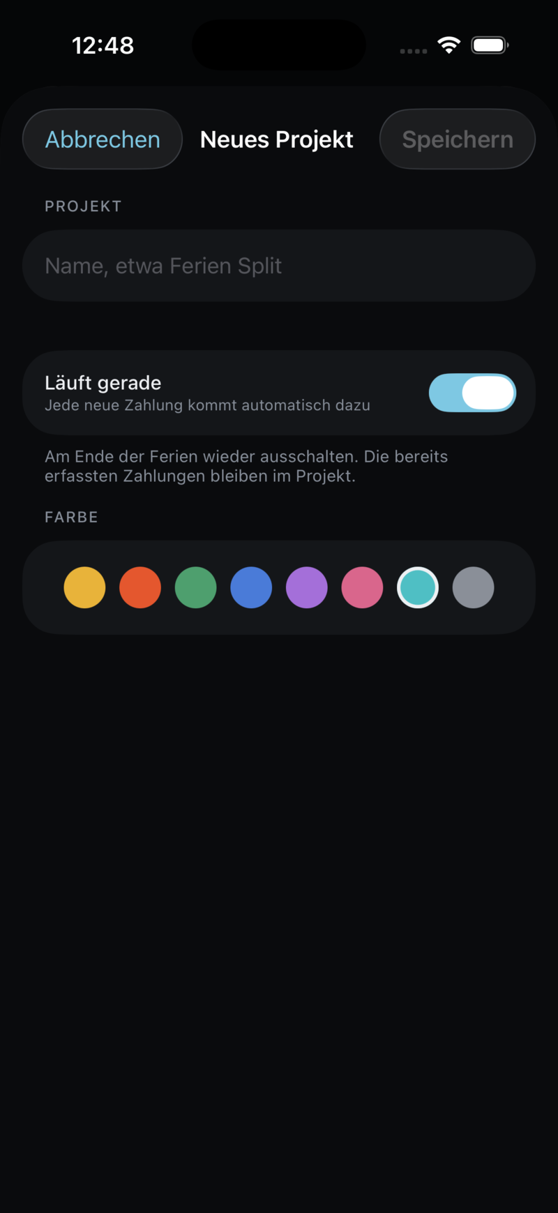 Ein neues Projekt anlegen, mit dem Schalter „Läuft gerade“ und der Farbauswahl.