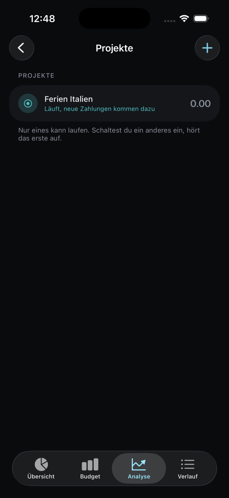 Die Projektliste mit einem laufenden Projekt und dem Hinweis, dass nur eines laufen kann.