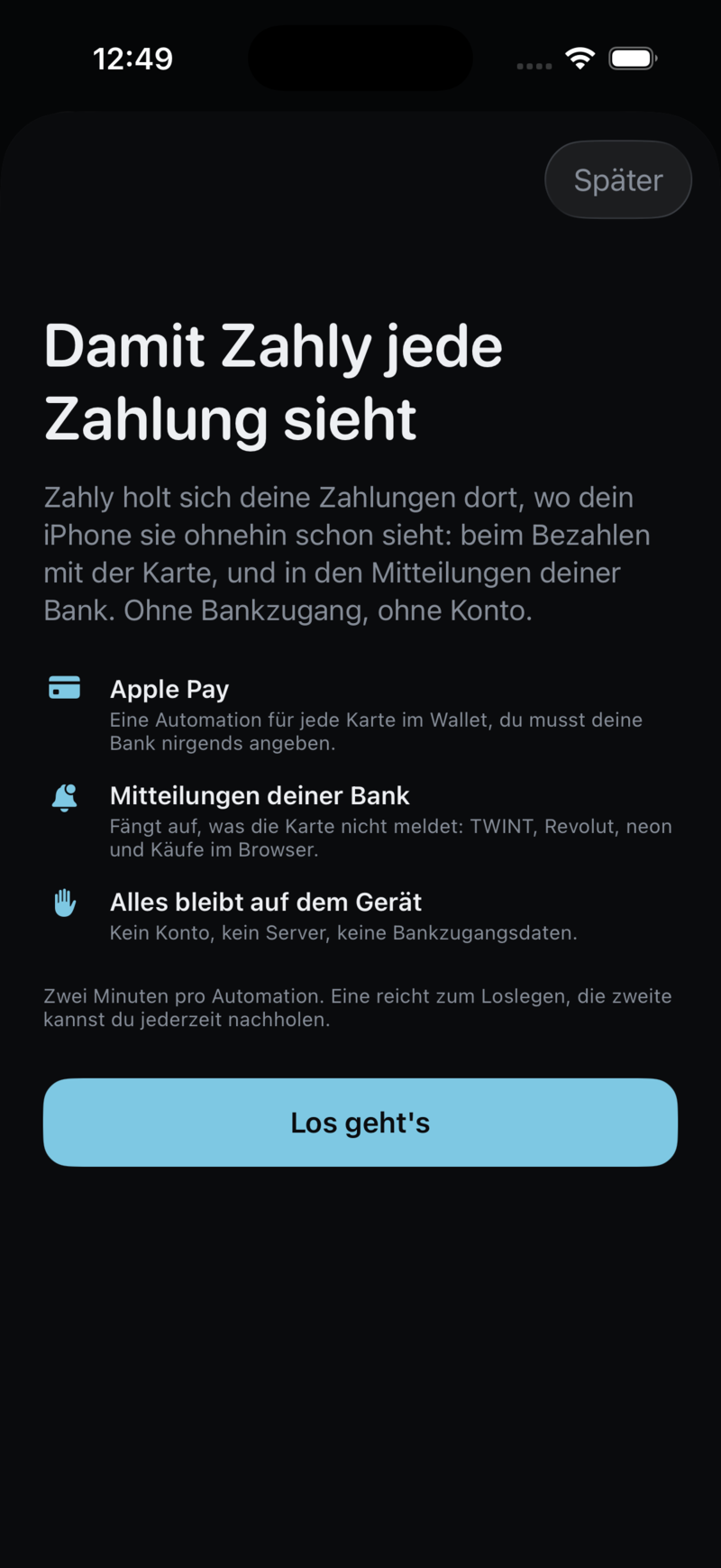 Der Startbildschirm der Einrichtung mit den drei Punkten Apple Pay, Mitteilungen deiner Bank und „Alles bleibt auf dem Gerät“.