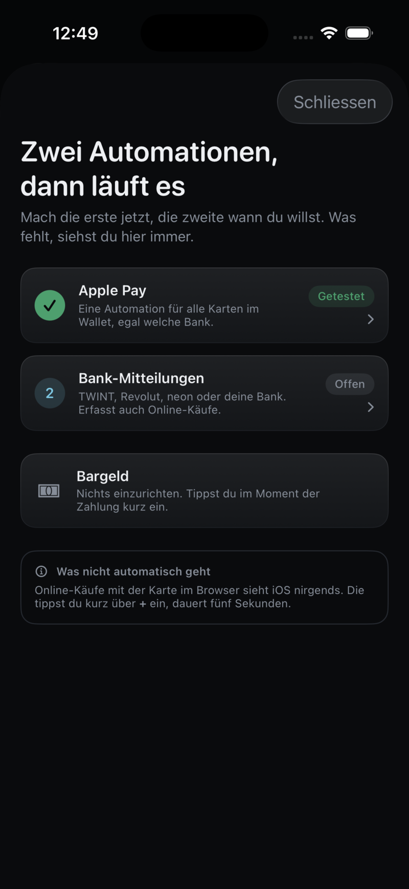 Die Erfassungswege in den Einstellungen, jeder mit seinem Status.