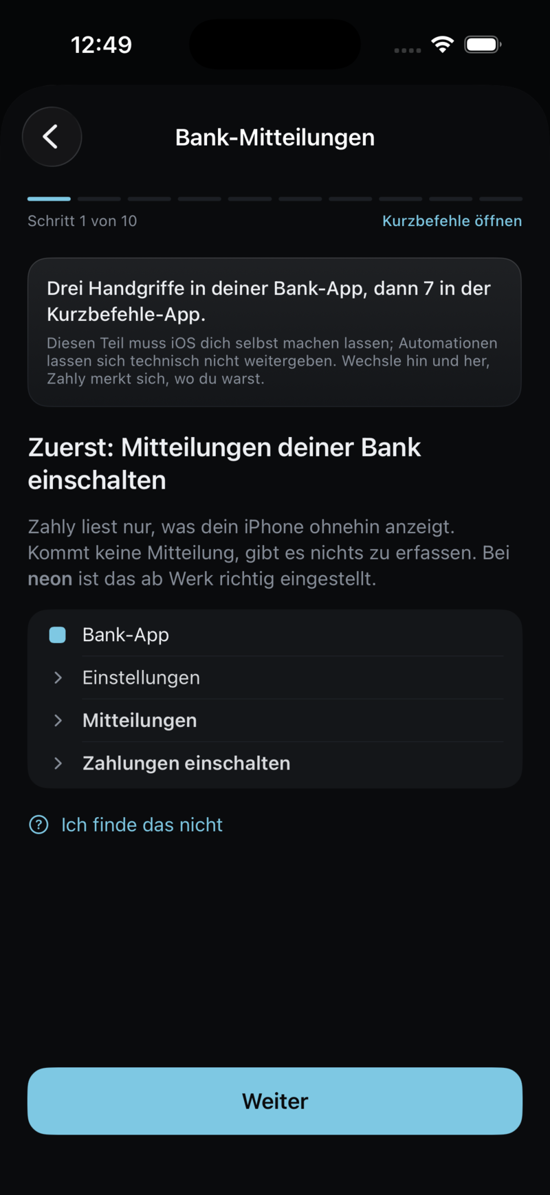 Schritt 1 der Anleitung, der den Weg durch die Einstellungen der Bank-App zeigt.