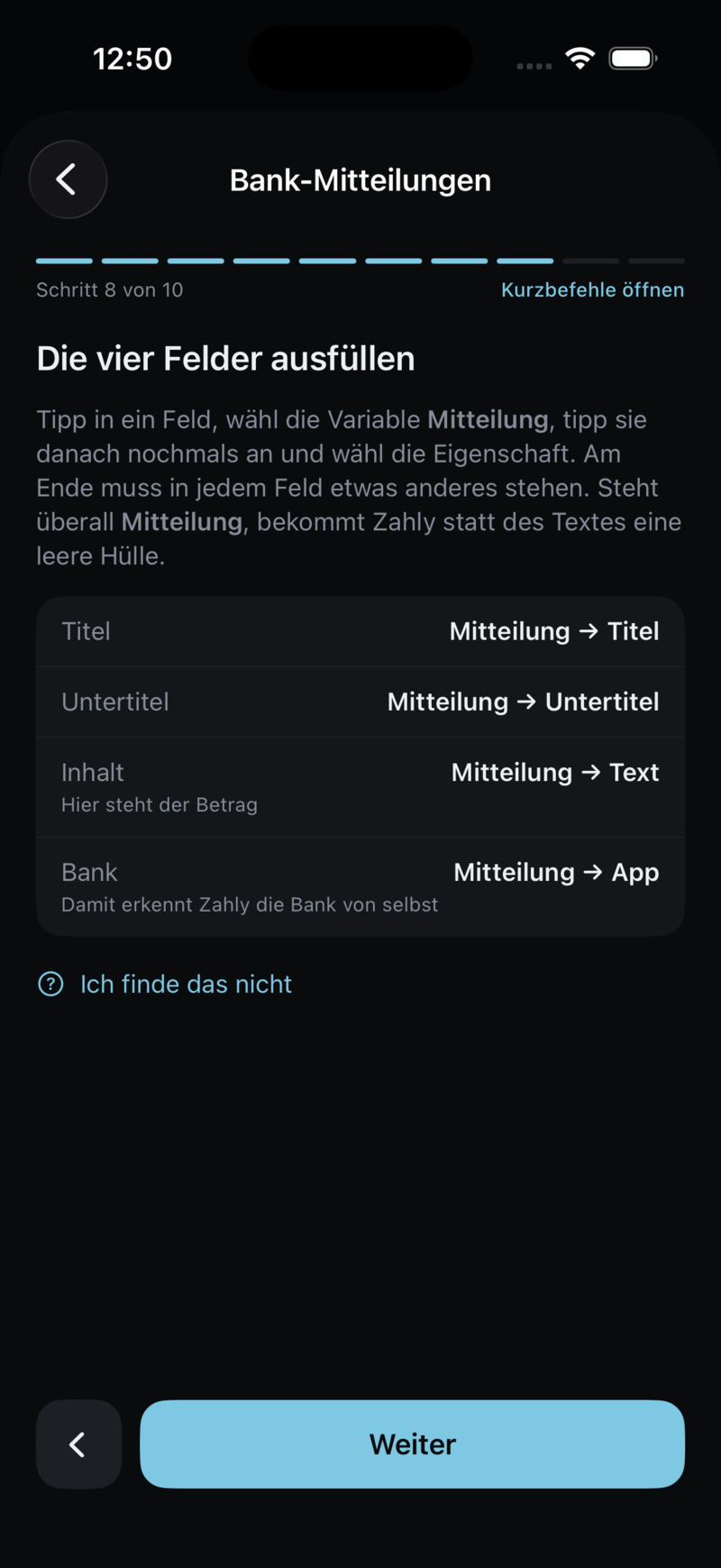 Die Feldzuordnung in Schritt 8, mit Titel auf Titel, Untertitel auf Untertitel, Inhalt auf Text und Bank auf App.